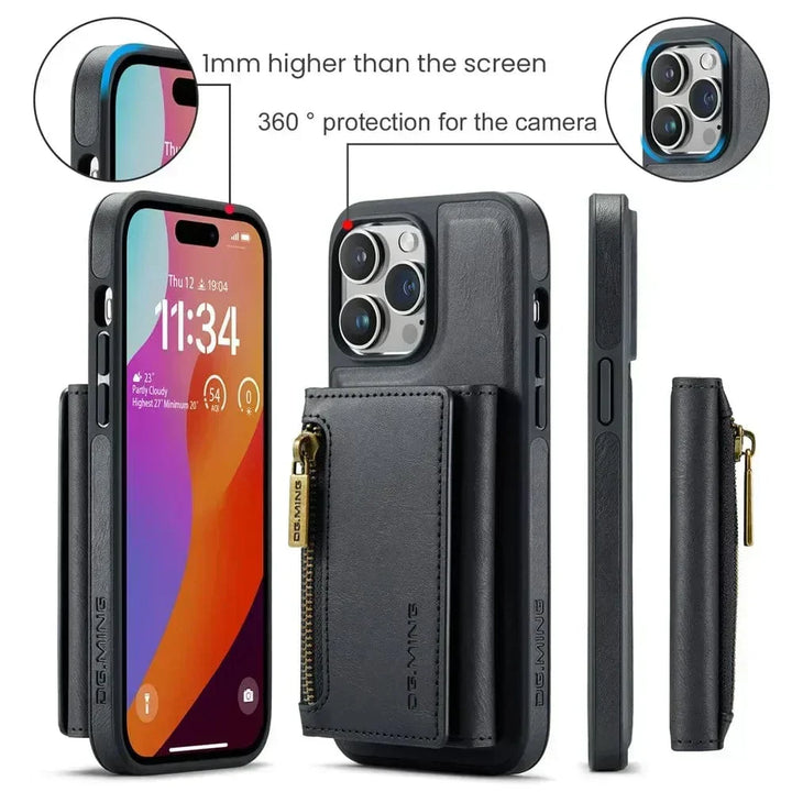 Lisslune | RFID iPhone Wallet Case | Removable Magnetic Leather Car Mount Shockproof Case