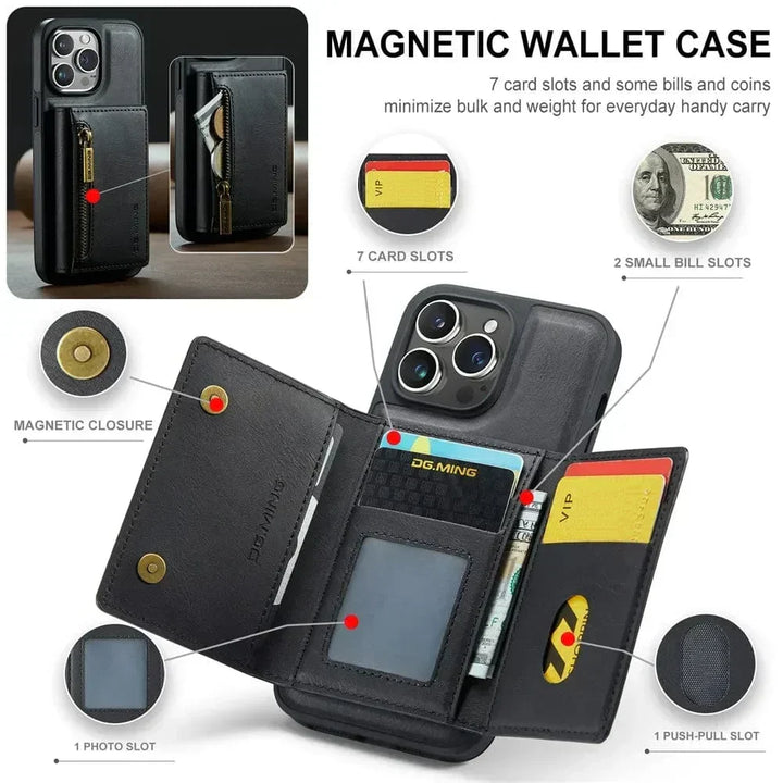Lisslune | RFID iPhone Wallet Case | Removable Magnetic Leather Car Mount Shockproof Case