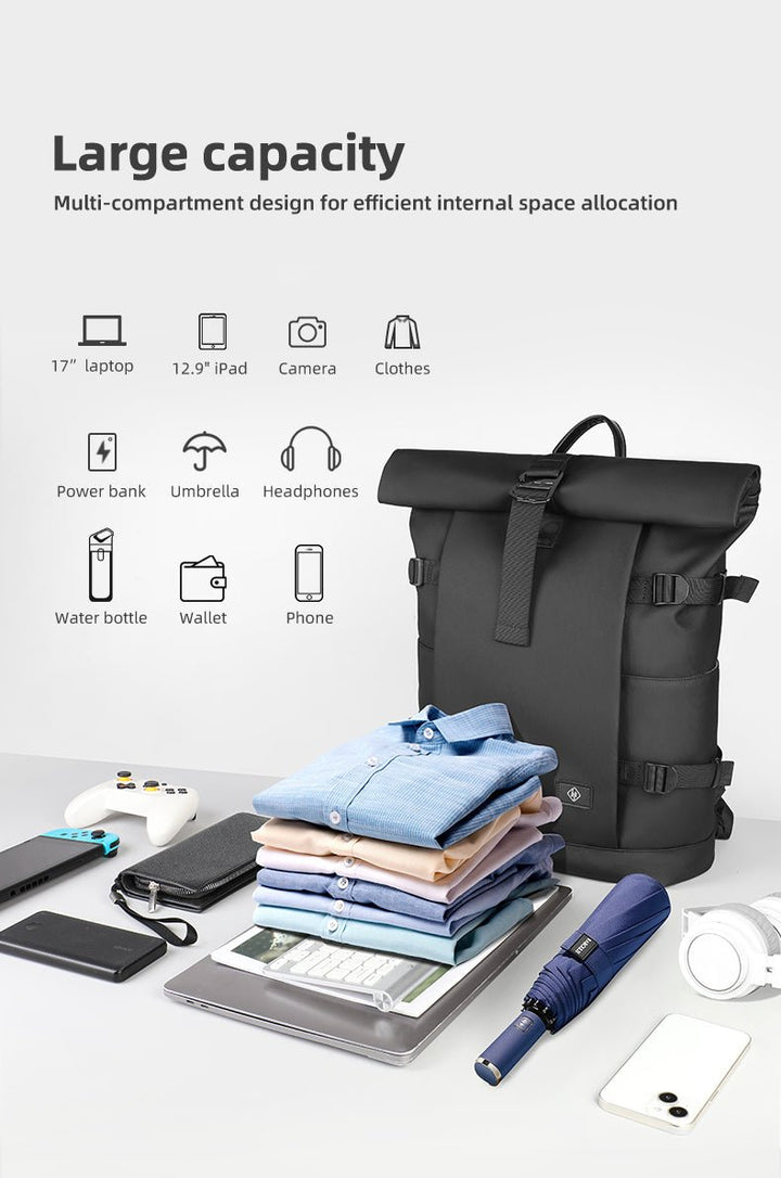 Lisslune | ROLLTRAIL Rolltop Backpack – Expandable 17" Laptop Bag, Waterproof, Anti-Theft, Outdoor & Travel-Ready
