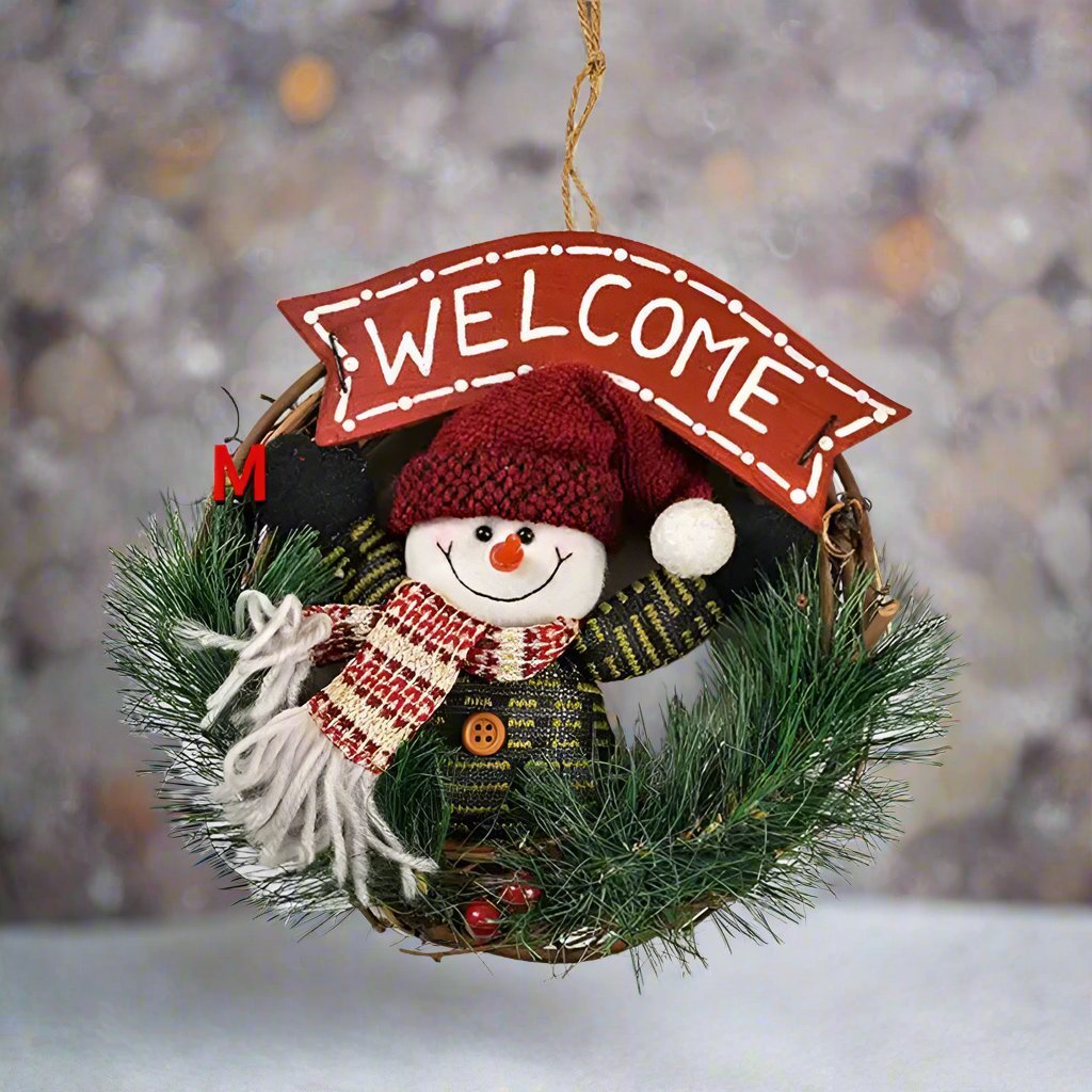 Lisslune | Rustic Christmas Wooden & Rattan Wreath with Santa, Snowman, and Elk Dolls – Enchanting Holiday Charm Perfect Festive Door Ornaments