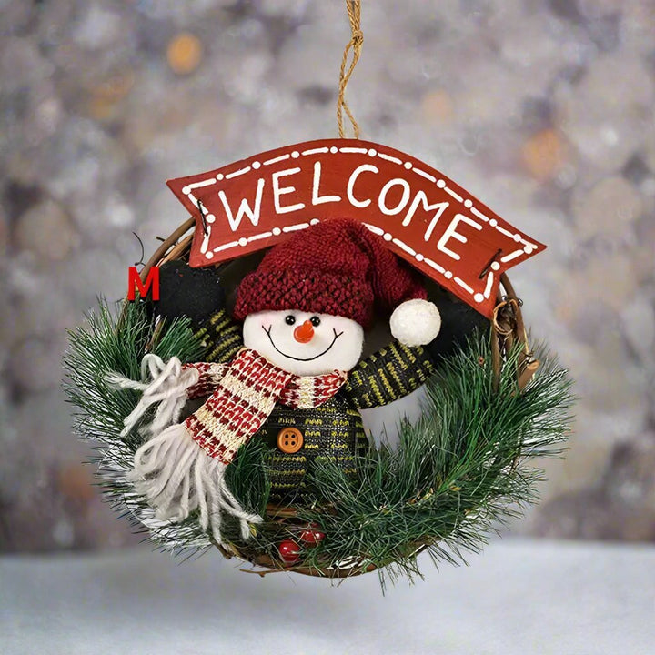 Lisslune | Rustic Christmas Wooden & Rattan Wreath with Santa, Snowman, and Elk Dolls – Enchanting Holiday Charm Perfect Festive Door Ornaments
