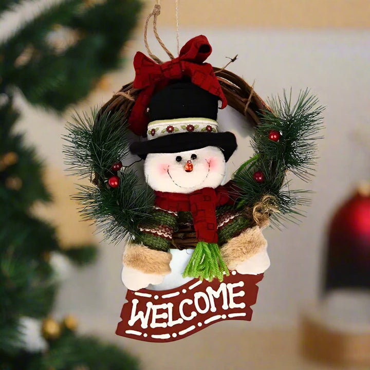 Lisslune | Rustic Christmas Wooden & Rattan Wreath with Santa, Snowman, and Elk Dolls – Enchanting Holiday Charm Perfect Festive Door Ornaments
