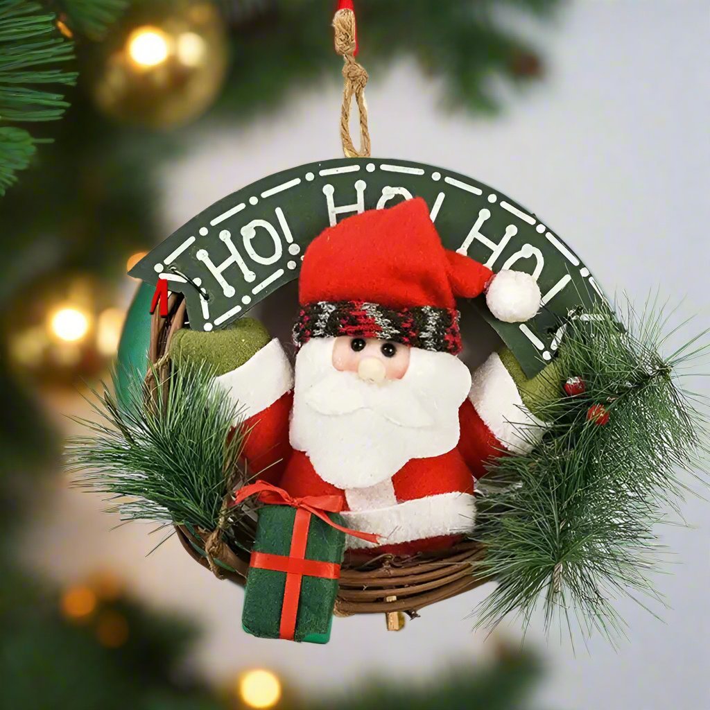 Lisslune | Rustic Christmas Wooden & Rattan Wreath with Santa, Snowman, and Elk Dolls – Enchanting Holiday Charm Perfect Festive Door Ornaments