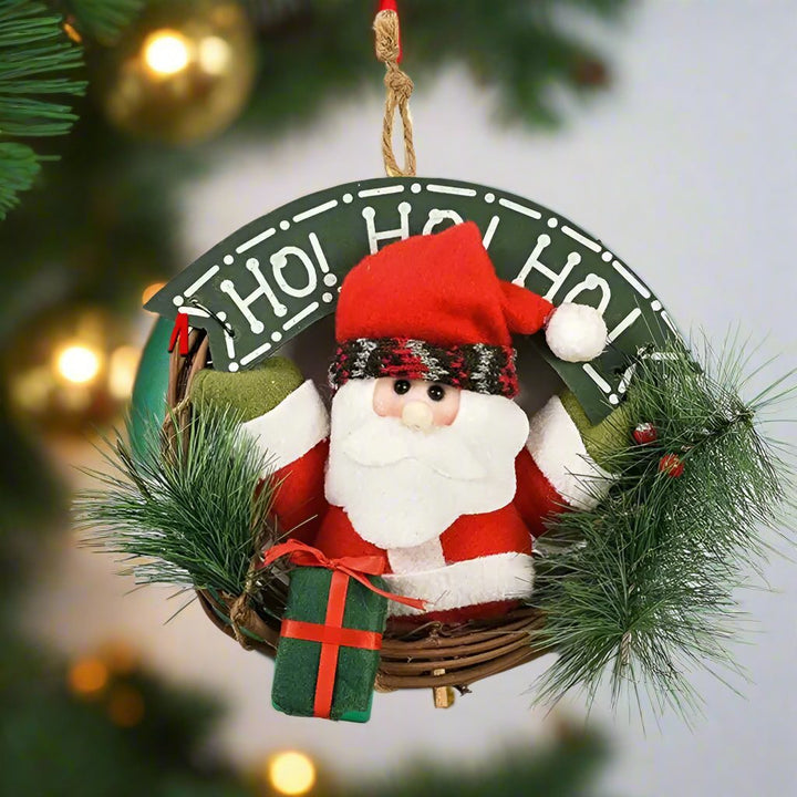 Lisslune | Rustic Christmas Wooden & Rattan Wreath with Santa, Snowman, and Elk Dolls – Enchanting Holiday Charm Perfect Festive Door Ornaments