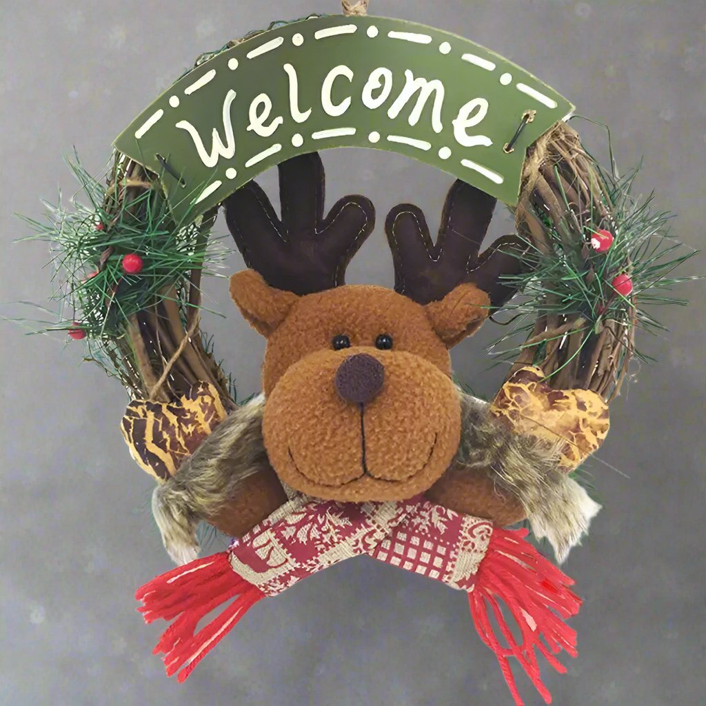 Lisslune | Rustic Christmas Wooden & Rattan Wreath with Santa, Snowman, and Elk Dolls – Enchanting Holiday Charm Perfect Festive Door Ornaments