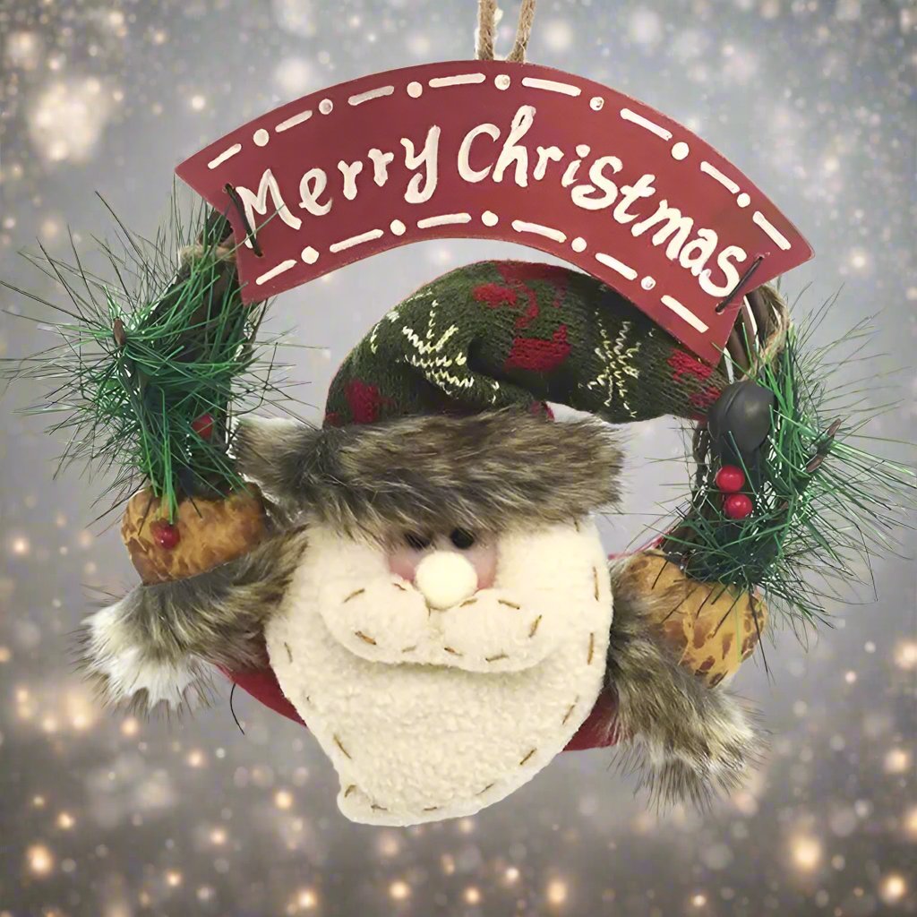Lisslune | Rustic Christmas Wooden & Rattan Wreath with Santa, Snowman, and Elk Dolls – Enchanting Holiday Charm Perfect Festive Door Ornaments