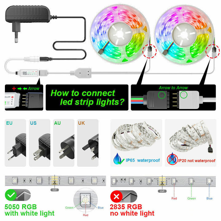 Lisslune | LED Light Strip, 30 m, 15 m, Music Synchronization, Bluetooth, 5050, RGB Ambient Light with Remote Control
