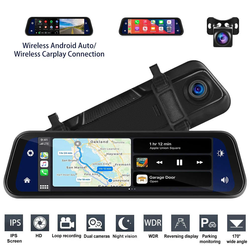 Lisslune | Rearview Mirror Dash Cam 4K Front & Rear | CarPlay & Smart Driving Assistant