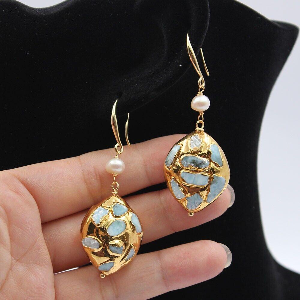 Lisslune | Elegant gold-plated blue Larimar pearl set: A touch of luxury for your jewelry creations