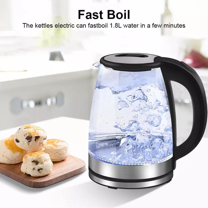 Lisslune | Electric Kettle | 1.8L, 3000W, Rapid Boil, Auto Shut-Off & Borosilicate Glass for Tea, Coffee & Instant Meals