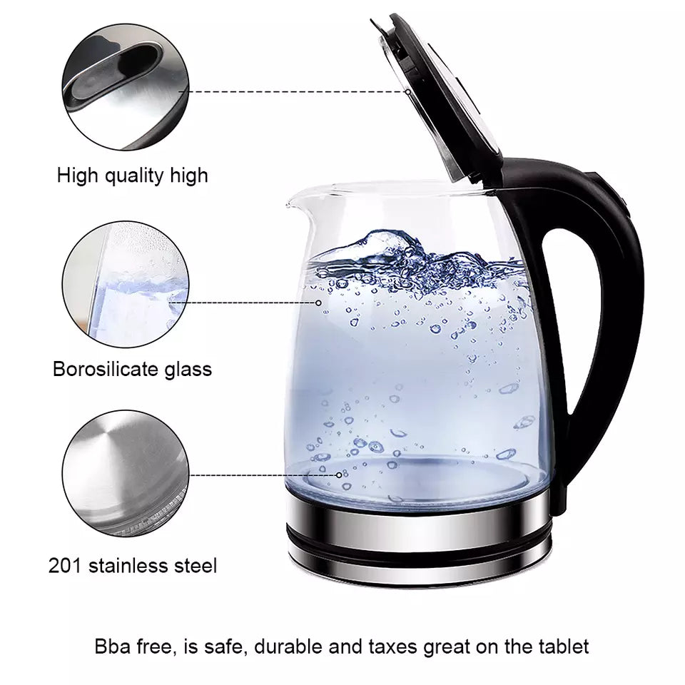 Lisslune | Electric Kettle | 1.8L, 3000W, Rapid Boil, Auto Shut-Off & Borosilicate Glass for Tea, Coffee & Instant Meals