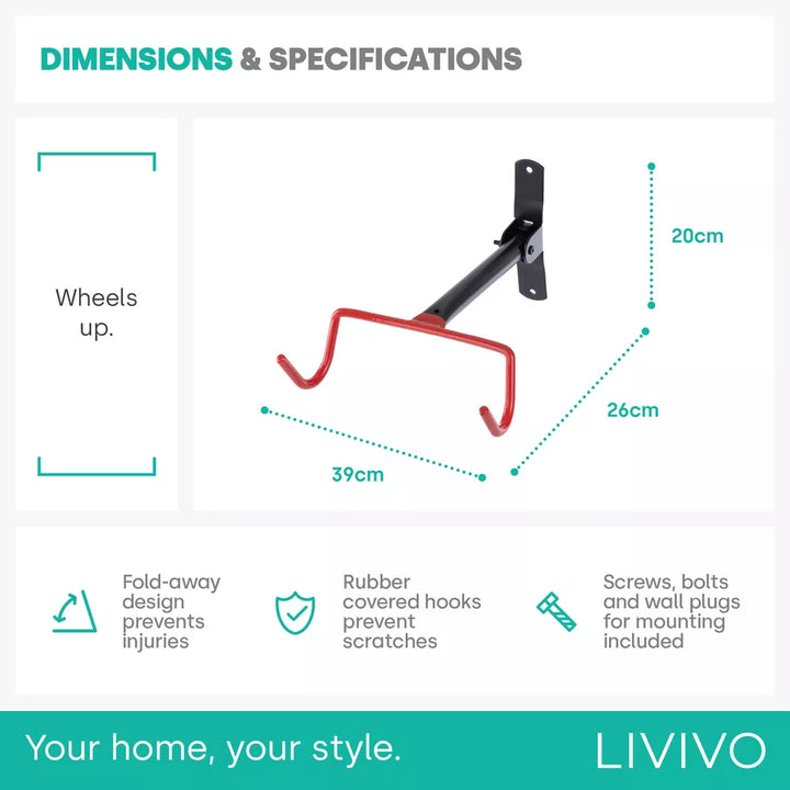 Lisslune | Folding Bike Wall Hook – Space-Saving Bike Hook with Protective Hooks