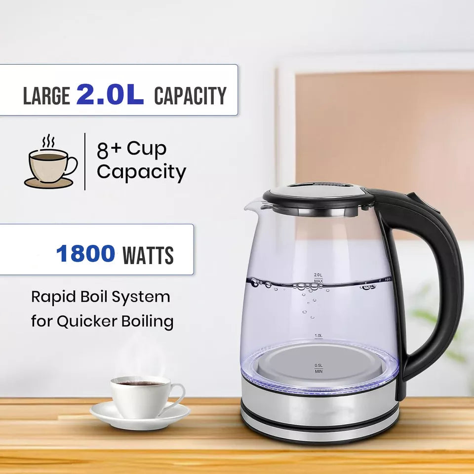 Lisslune | Electric Kettle | 1.8L, 3000W, Rapid Boil, Auto Shut-Off & Borosilicate Glass for Tea, Coffee & Instant Meals