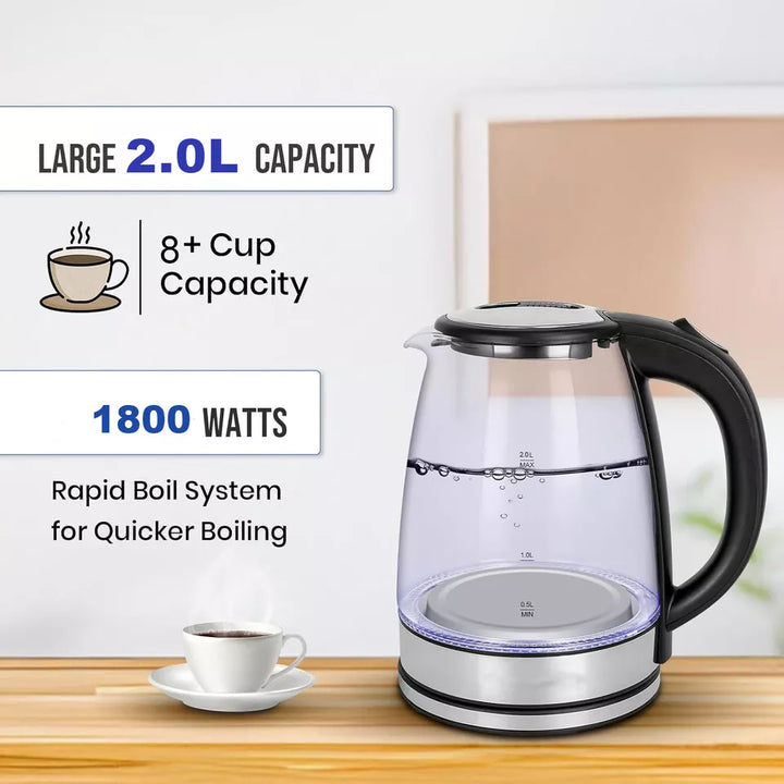 Lisslune | Electric Kettle | 1.8L, 3000W, Rapid Boil, Auto Shut-Off & Borosilicate Glass for Tea, Coffee & Instant Meals