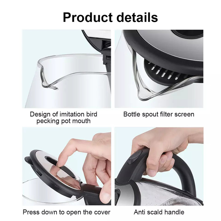 Lisslune | Electric Kettle | 1.8L, 3000W, Rapid Boil, Auto Shut-Off & Borosilicate Glass for Tea, Coffee & Instant Meals