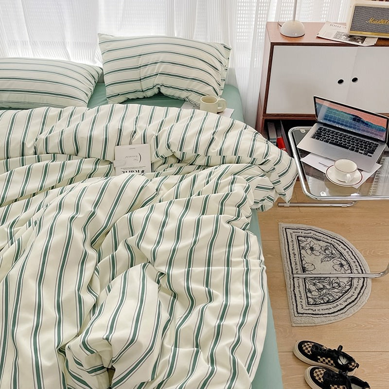 Rynx | Minimalist Green Striped Sage Bedding Set