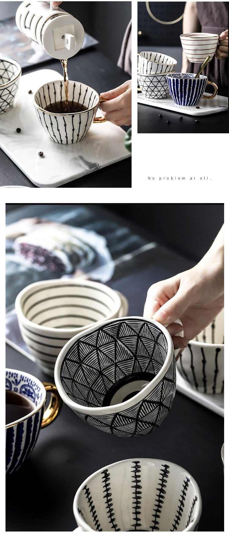 Lisslune | Large hand-painted coffee/mugs - golden handles - 330 ml