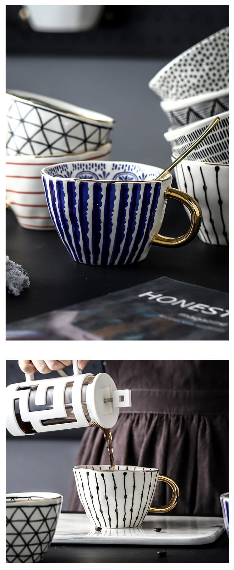 Lisslune | Large hand-painted coffee/mugs - golden handles - 330 ml