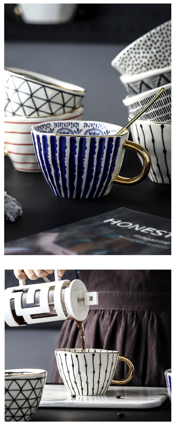 Lisslune | Large hand-painted coffee/mugs - golden handles - 330 ml