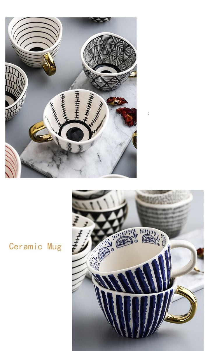 Lisslune | Large hand-painted coffee/mugs - golden handles - 330 ml