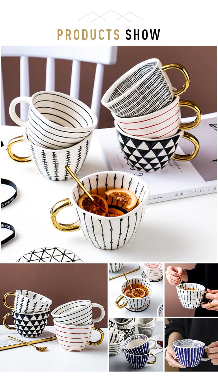 Lisslune | Large hand-painted coffee/mugs - golden handles - 330 ml