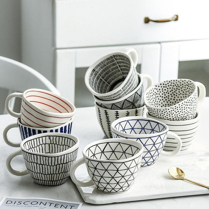 Lisslune | Large hand-painted coffee/tea cups - White handles - 330 ml