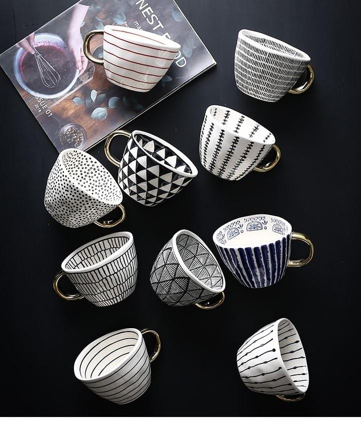 Lisslune | Large hand-painted coffee/tea cups - White handles - 330 ml