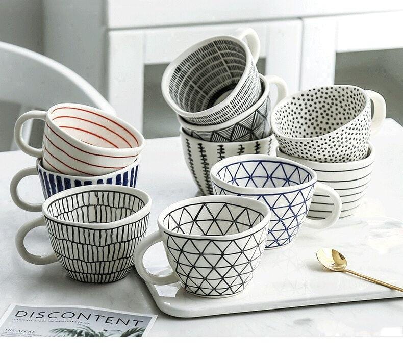 Lisslune | Large hand-painted coffee/tea cups - White handles - 330 ml