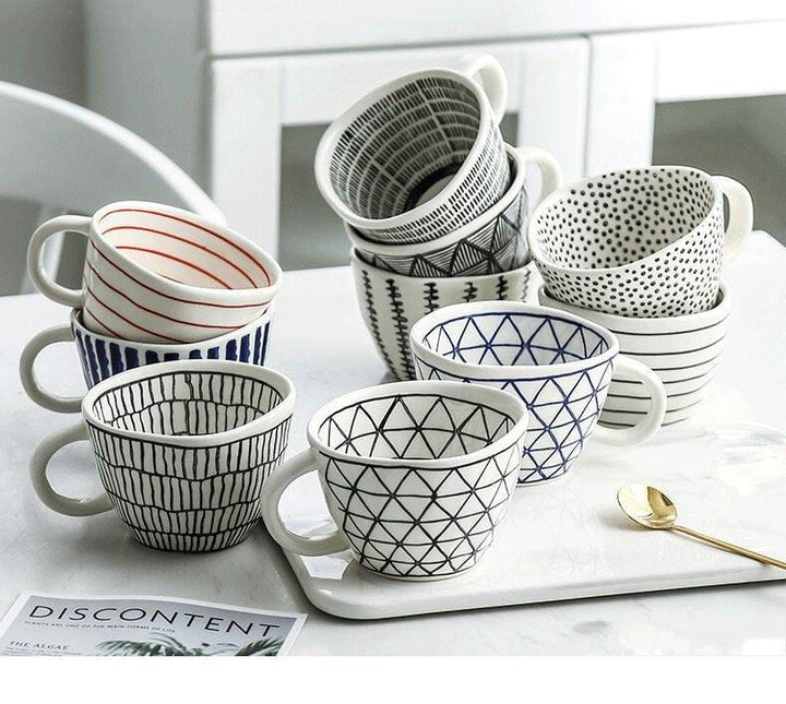 Lisslune | Large hand-painted coffee/tea cups - White handles - 330 ml