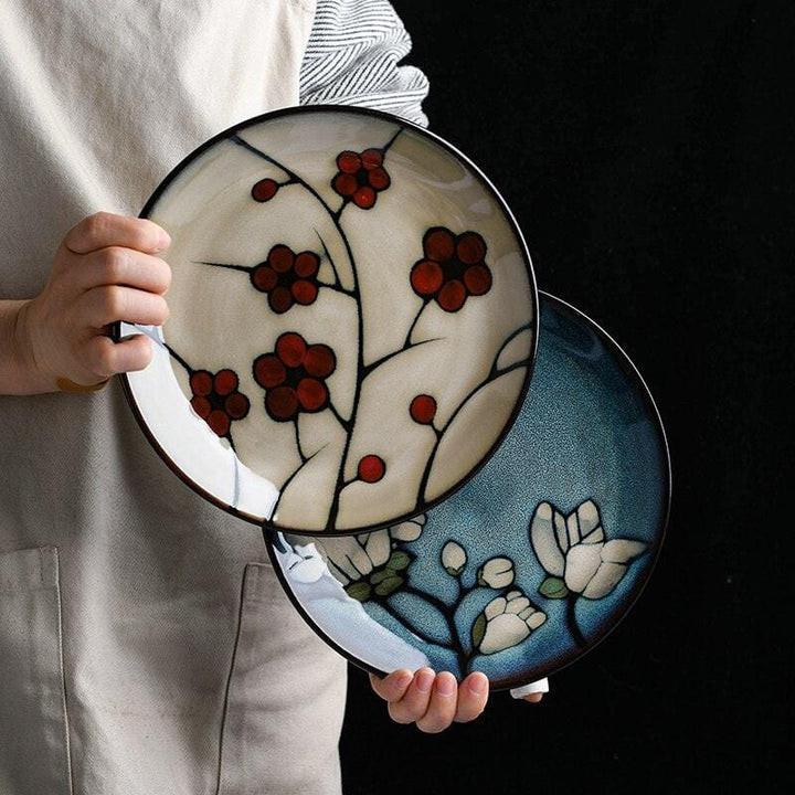 Lisslune | Floral ceramic hand-painted plates - 20.3-22.2 cm & approx. 25.4 cm (approx. 8-8.74" & 10")
