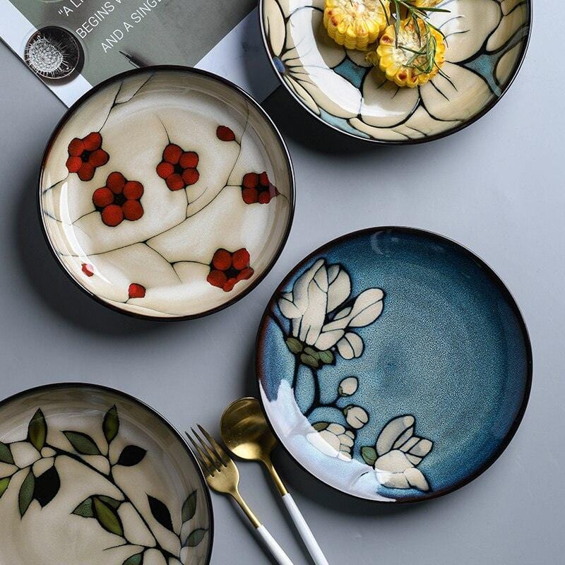 Lisslune | Floral ceramic hand-painted plates - 20.3-22.2 cm & approx. 25.4 cm (approx. 8-8.74" & 10")
