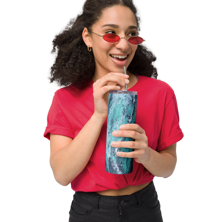 Lisslune | Turquoise, Blue and Green Stainless Steel 20 oz Skinny Tumbler (600 ml) | Ebru Water Marbling Design