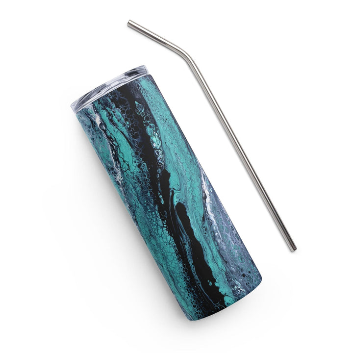 Lisslune | Turquoise, Blue and Green Stainless Steel 20 oz Skinny Tumbler (600 ml) | Ebru Water Marbling Design
