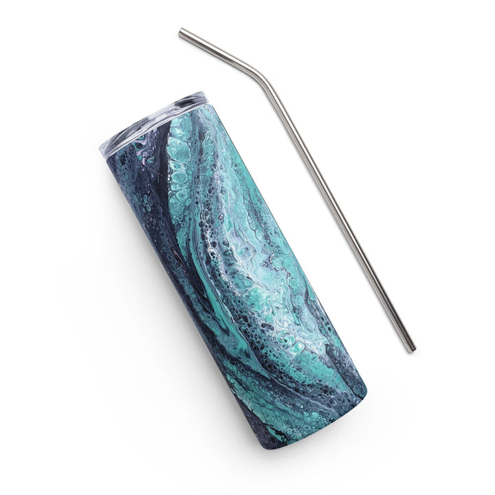 Lisslune | Turquoise, Blue and Green Stainless Steel 20 oz Skinny Tumbler (600 ml) | Ebru Water Marbling Design