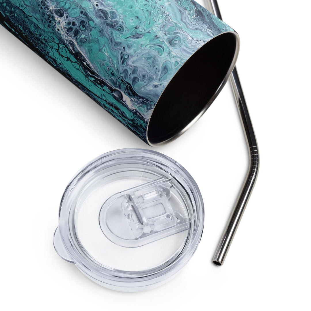 Lisslune | Turquoise, Blue and Green Stainless Steel 20 oz Skinny Tumbler (600 ml) | Ebru Water Marbling Design