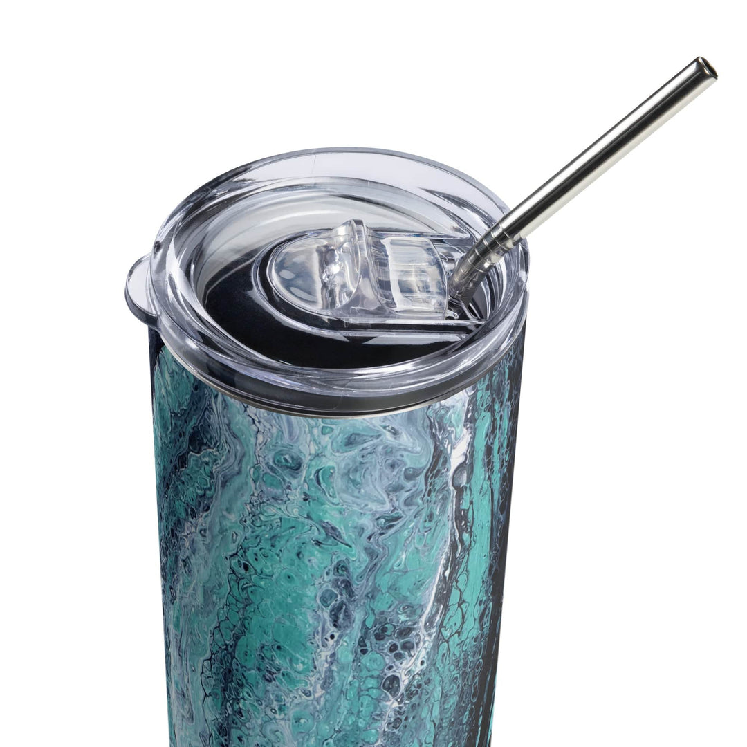 Lisslune | Turquoise, Blue and Green Stainless Steel 20 oz Skinny Tumbler (600 ml) | Ebru Water Marbling Design