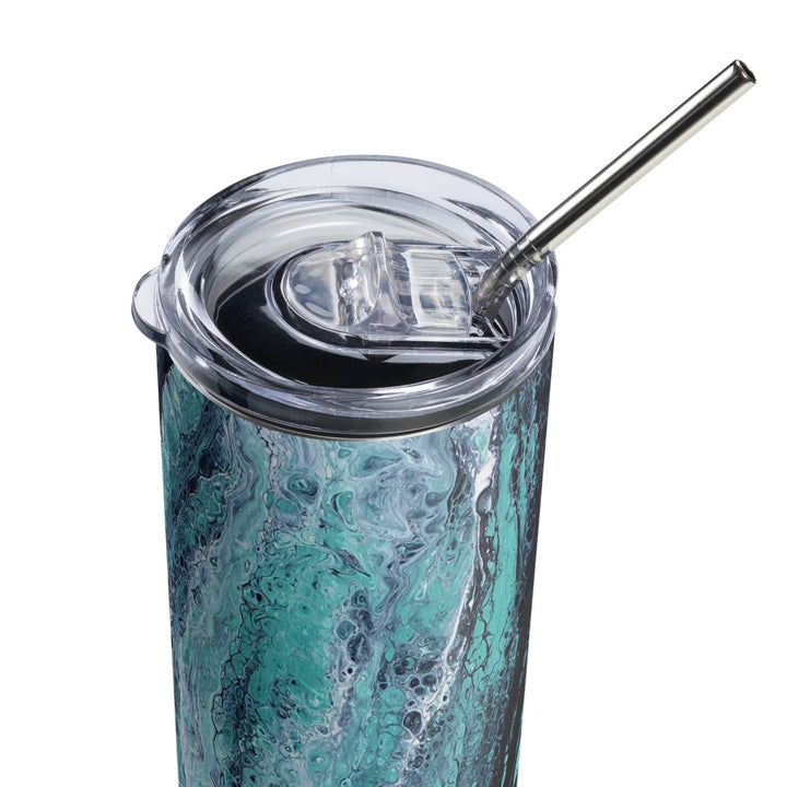 Lisslune | Turquoise, Blue and Green Stainless Steel 20 oz Skinny Tumbler (600 ml) | Ebru Water Marbling Design