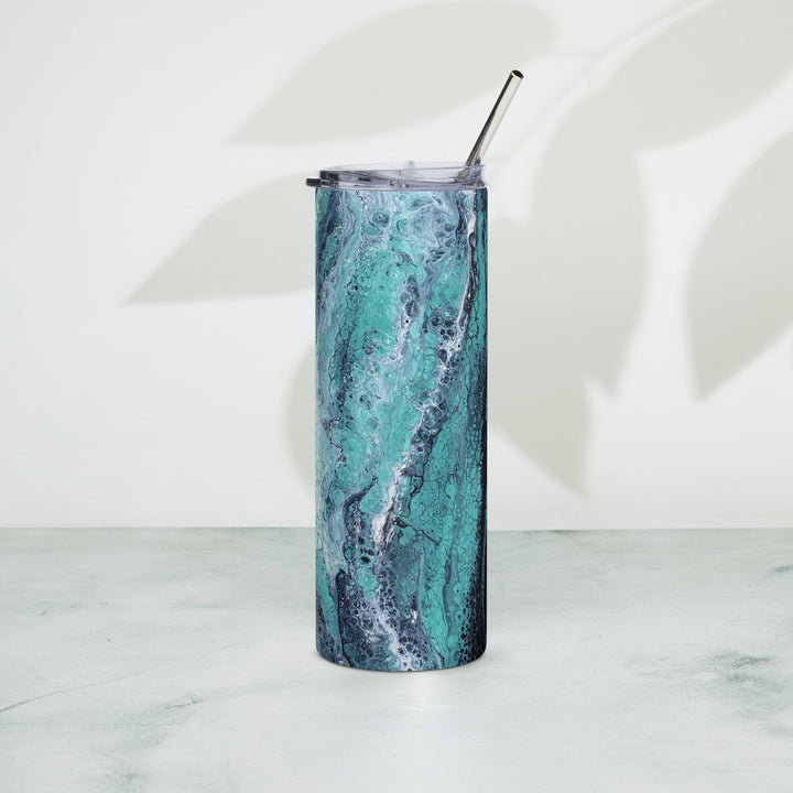 Lisslune | Turquoise, Blue and Green Stainless Steel 20 oz Skinny Tumbler (600 ml) | Ebru Water Marbling Design