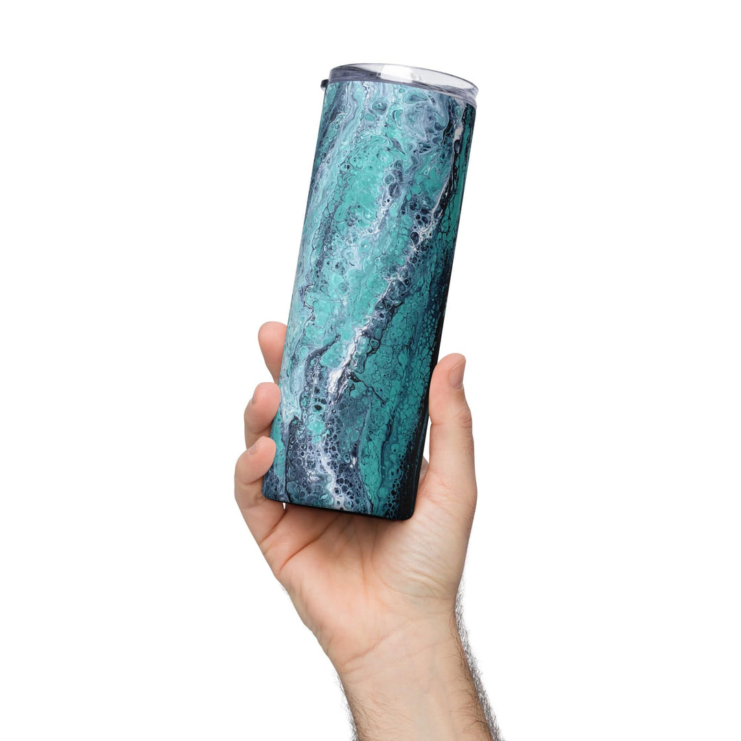 Lisslune | Turquoise, Blue and Green Stainless Steel 20 oz Skinny Tumbler (600 ml) | Ebru Water Marbling Design
