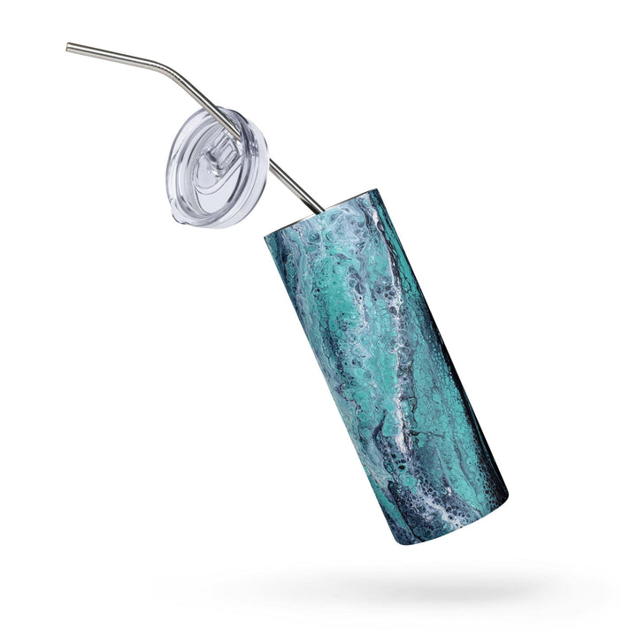 Lisslune | Turquoise, Blue and Green Stainless Steel 20 oz Skinny Tumbler (600 ml) | Ebru Water Marbling Design