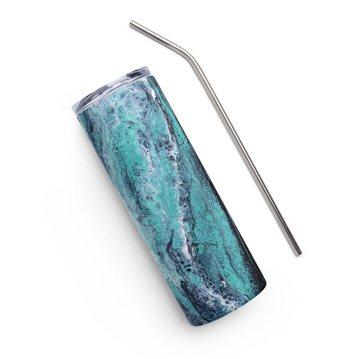 Lisslune | Turquoise, Blue and Green Stainless Steel 20 oz Skinny Tumbler (600 ml) | Ebru Water Marbling Design
