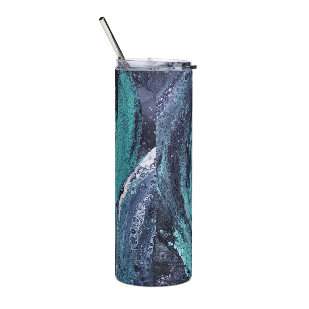 Lisslune | Turquoise, Blue and Green Stainless Steel 20 oz Skinny Tumbler (600 ml) | Ebru Water Marbling Design