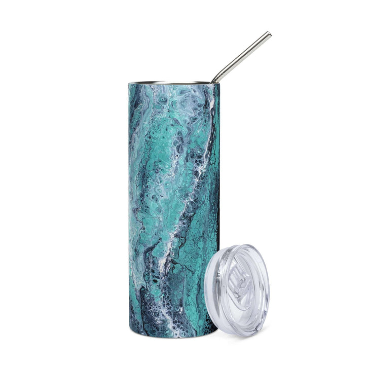 Lisslune | Turquoise, Blue and Green Stainless Steel 20 oz Skinny Tumbler (600 ml) | Ebru Water Marbling Design