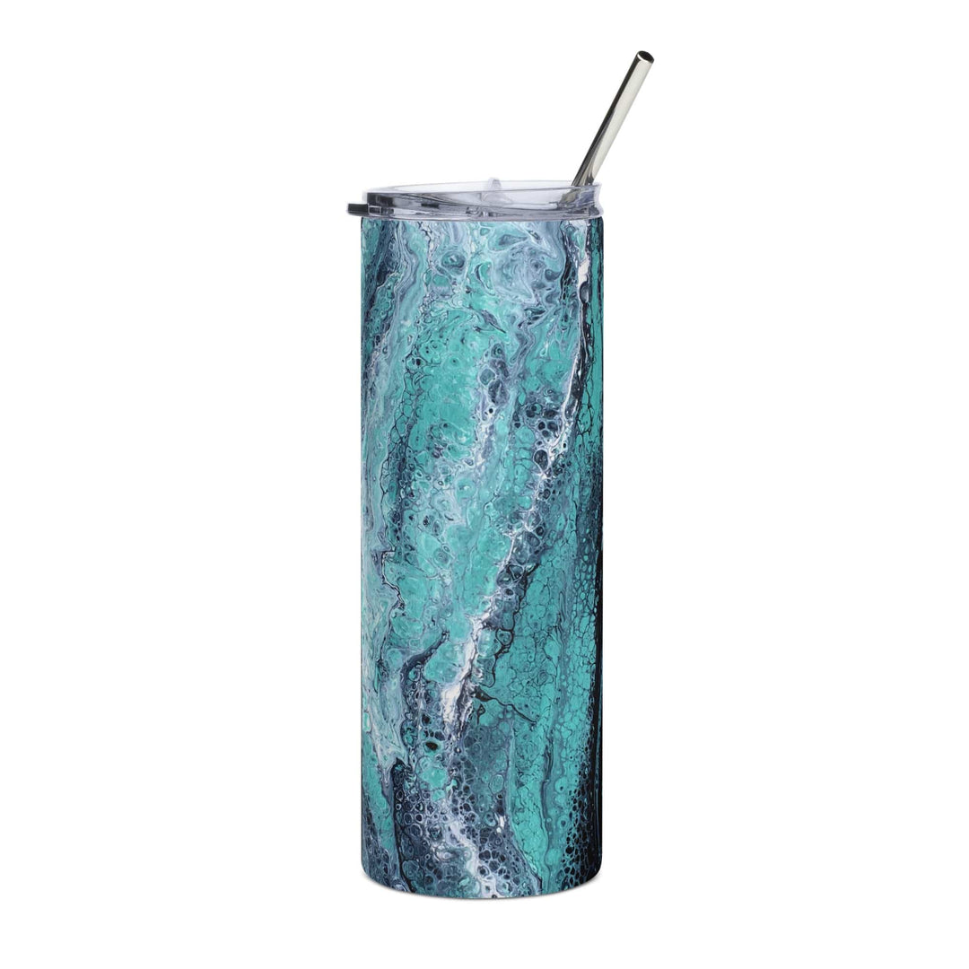 Lisslune | Turquoise, Blue and Green Stainless Steel 20 oz Skinny Tumbler (600 ml) | Ebru Water Marbling Design