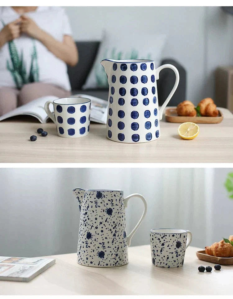 Lisslune | White and Blue Ceramic Supplier and Cups | 1.5 L & 350 ml