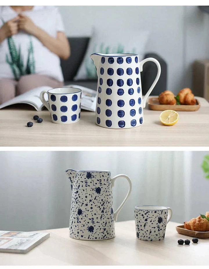 Lisslune | White and Blue Ceramic Supplier and Cups | 1.5 L & 350 ml