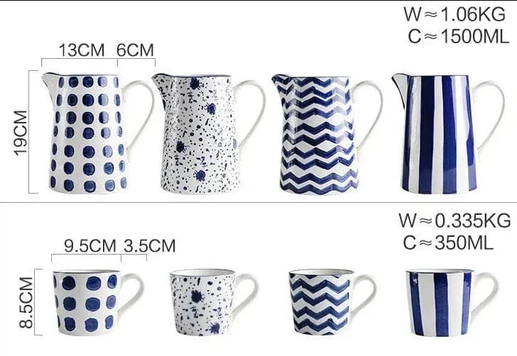 Lisslune | White and Blue Ceramic Supplier and Cups | 1.5 L & 350 ml