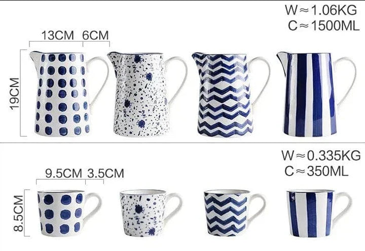 Lisslune | White and Blue Ceramic Supplier and Cups | 1.5 L & 350 ml