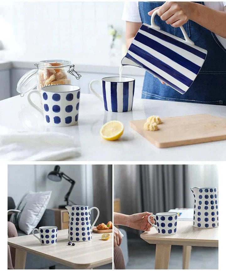 Lisslune | White and Blue Ceramic Supplier and Cups | 1.5 L & 350 ml
