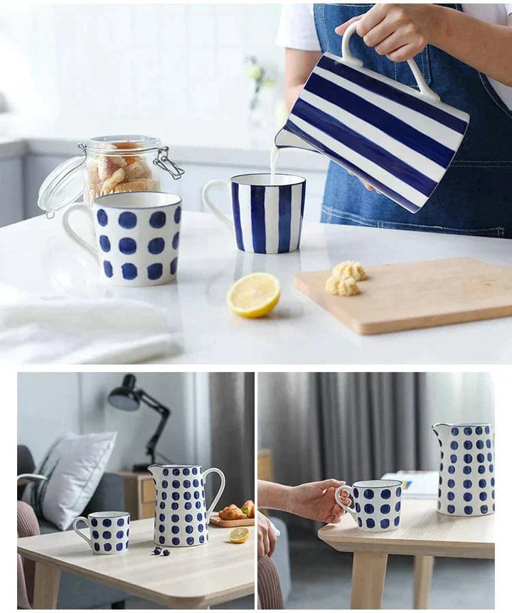 Lisslune | White and Blue Ceramic Supplier and Cups | 1.5 L & 350 ml